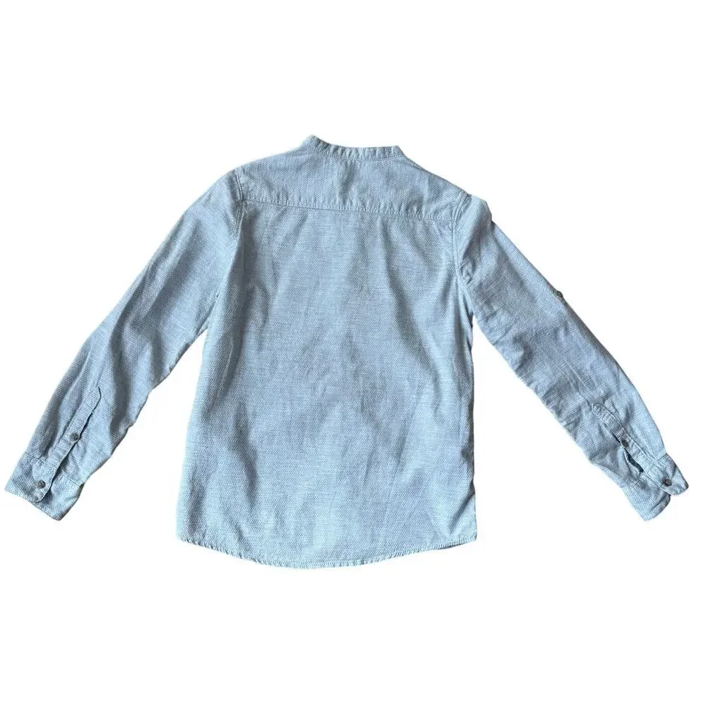 H&M Boys Gray Blue Mock Neck Lightweight Woven Button Down Shirt Size 10 Casual